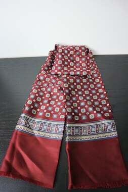 Vintage Burgundy Red Silk Scarf Geometric Square Pattern with Fringe